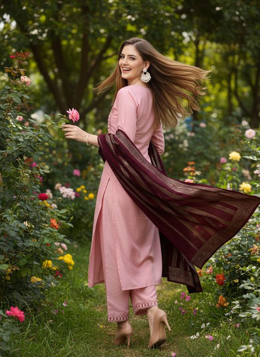 ORRIYA Premium Rayon Slub Straight Kurta Set with Matching Pant & Dupatta