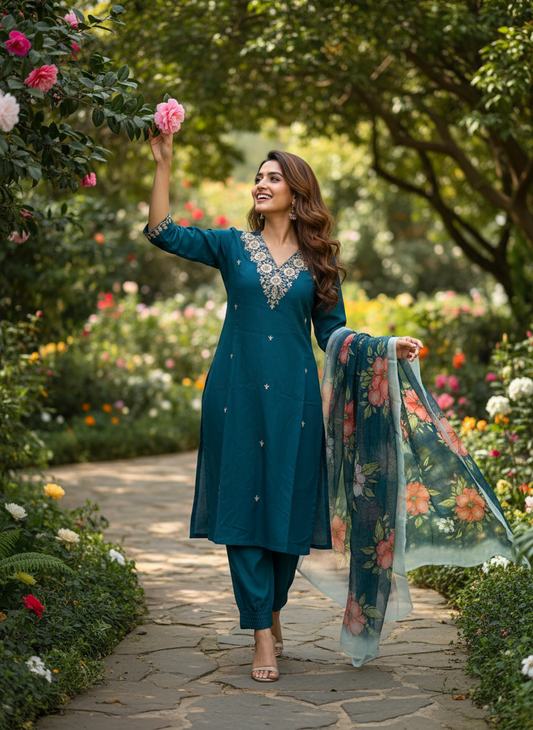 ORRIYA Premium Rayon Slub Straight Kurta Set with Matching Pant & Dupatta