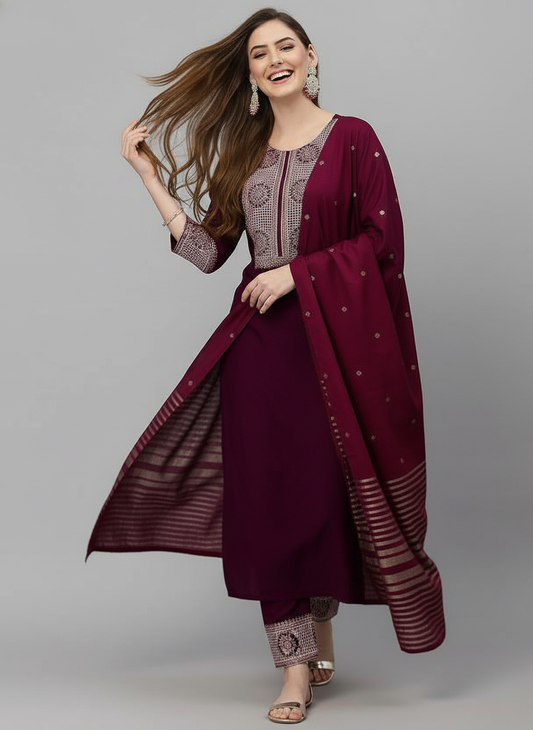 ORRIYA Premium Rayon Slub Straight Kurta Set with Matching Pant & Dupatta
