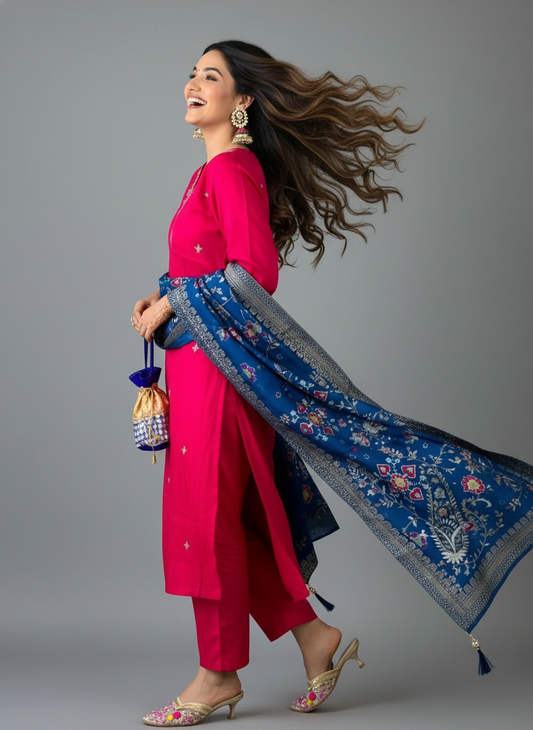 ORRIYA Premium Rayon Slub Straight Kurta Set with Matching Pant & Dupatta