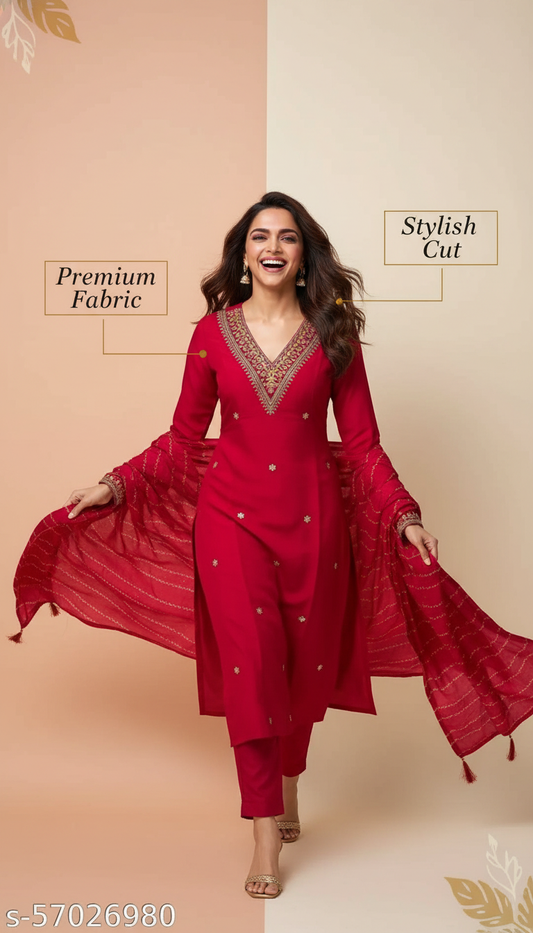 ORRIYA Premium Rayon Slub Straight Kurta Set with Matching Pant & Dupatta