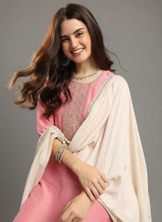 ORRIYA Premium Rayon Slub Straight Kurta Set with Matching Pant & Dupatta