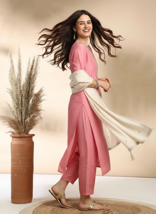 ORRIYA Premium Rayon Slub Straight Kurta Set with Matching Pant & Dupatta