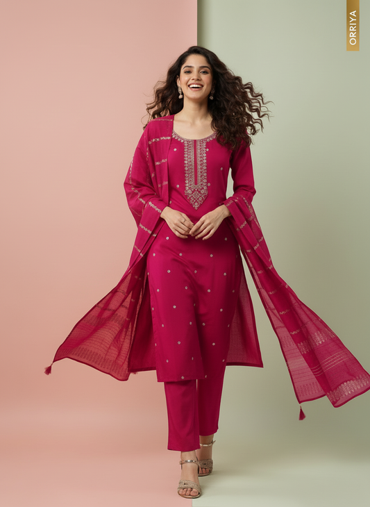 ORRIYA Premium Rayon Slub Straight Kurta Set with Matching Pant & Dupatta