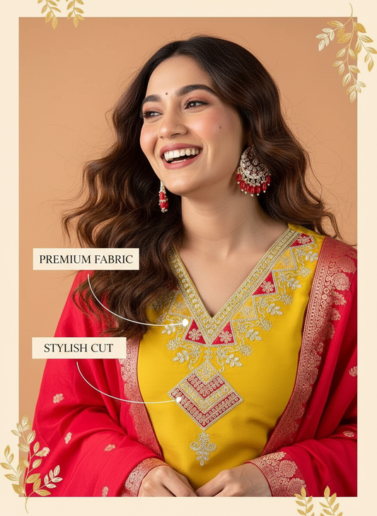 ORRIYA Premium Rayon Slub Straight Kurta Set with Matching Pant & Dupatta