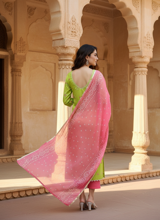 ORRIYA Premium Rayon Slub Straight Kurta Set with Matching Pant & Dupatta