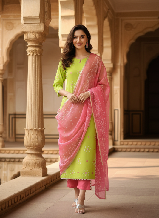 ORRIYA Premium Rayon Slub Straight Kurta Set with Matching Pant & Dupatta